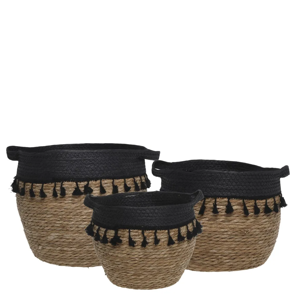 New Chic Antique Körbe mit schwarzen Fransen 3er Set