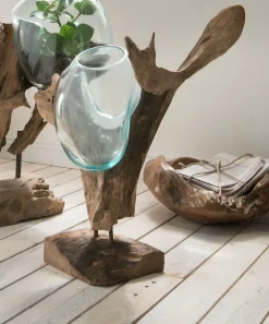 Online Faktorei Deko-Wurzel mit Glasvase in Tropfenform Teak-Holz