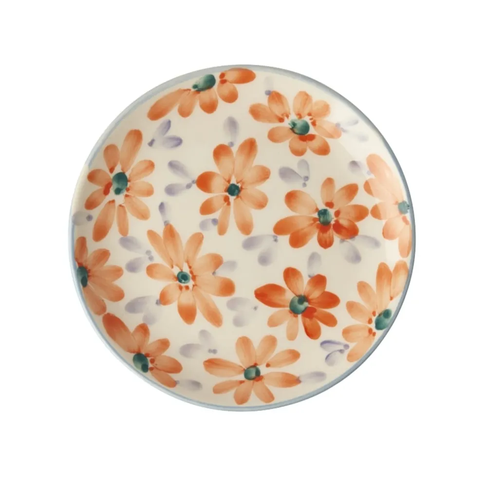 Clearance RICE Keramik Kuchenteller mit Handgemalten Blumen Orange